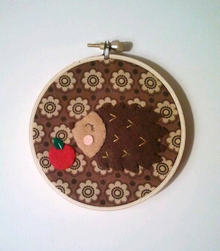 Happy Hedgehog and Apple Embroidery Hoop Brown Flower Fabric Wall Art