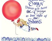 Nautical Nursery Art, Red balloon girl Archival art print 11x14 ocean decor