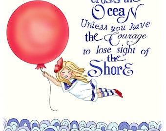 Nautical Nursery Art, Red balloon girl Archival art print 11x14 ocean decor