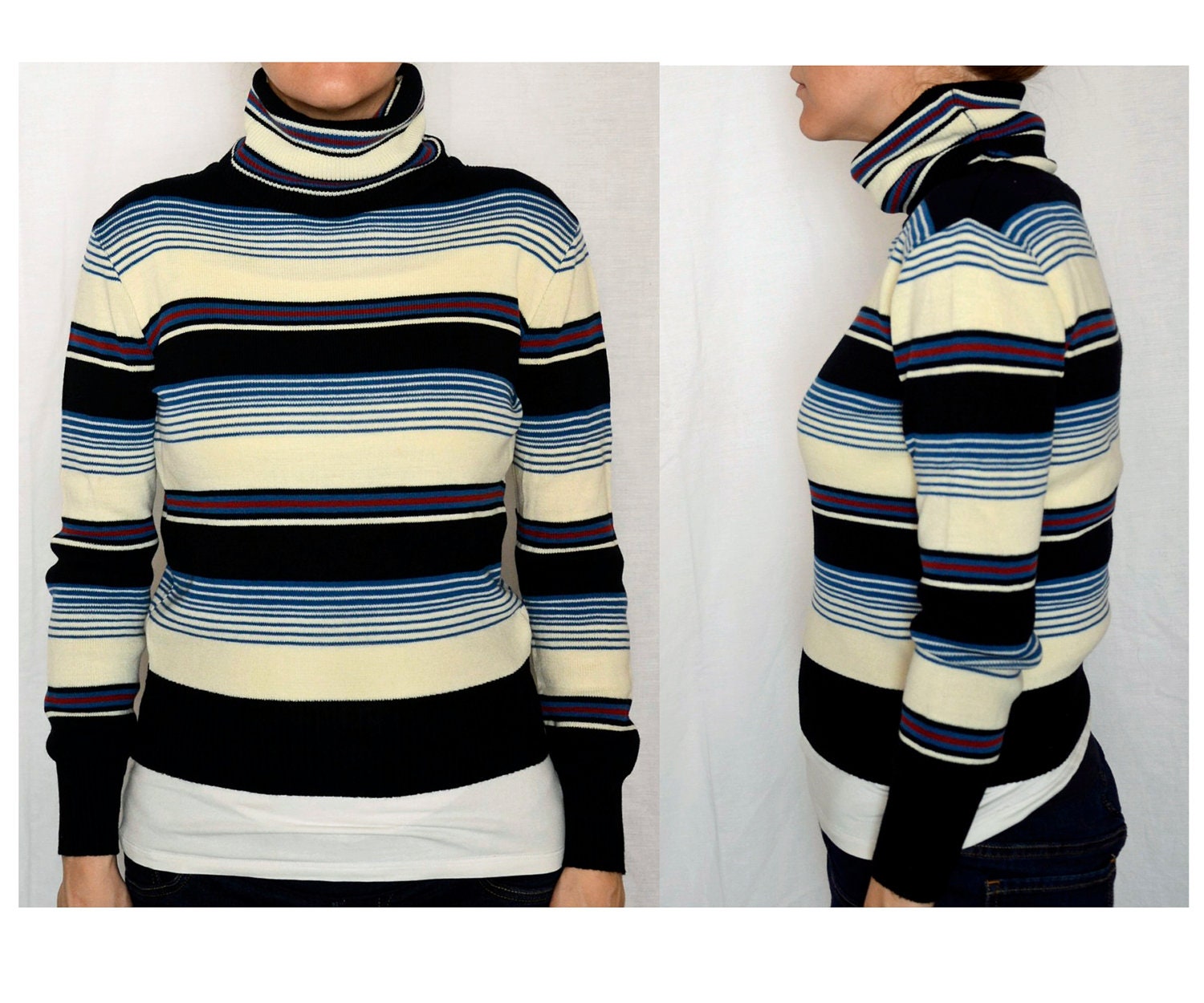 SALE Vintage 1970 Women's striped turtleneck sweater - Small