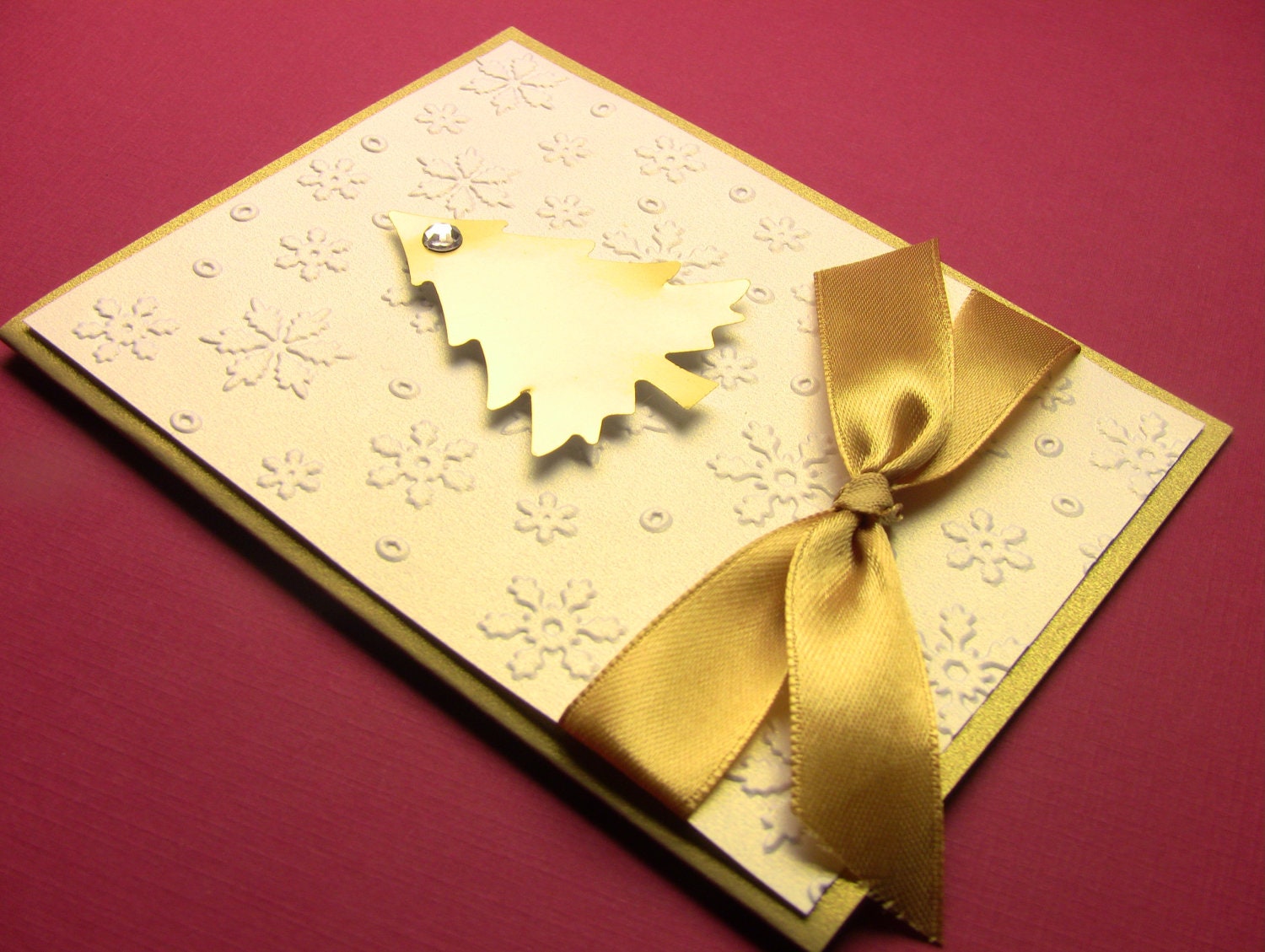 4 Handmade 3-D Christmas Cards, Golden Christmas Tree on Snow White Snowflakes