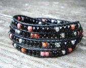Beaded Leather 4 Wrap Bracelet with Black Pink and Silver Czech Glass Beads on Black Leather CUSTOMIZE YOUR COLORS