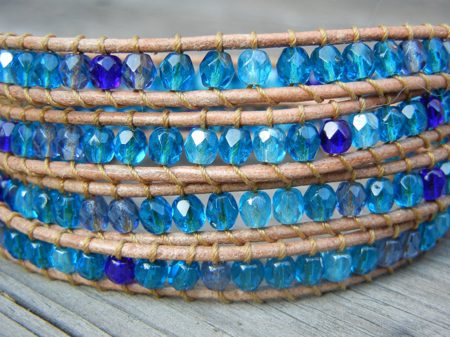Spring Summer Beaded Leather 4 Wrap Bracelet with Beachy Blue Czech Glass Beads on Tan Leather