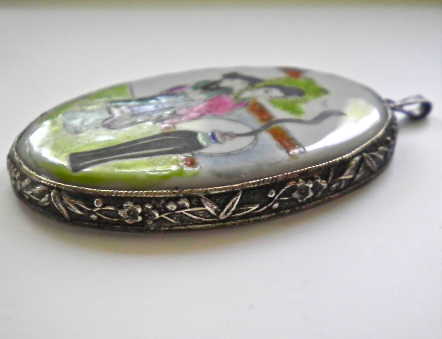 Asian Porcelain Vintage Hand Painted Pendant in Floral & Foliate Silver Frame