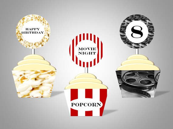 Movie Night Cupcake Wrappers & Toppers - Personalized With Name and Age - DIY Printable Party Decorations Il_570xn