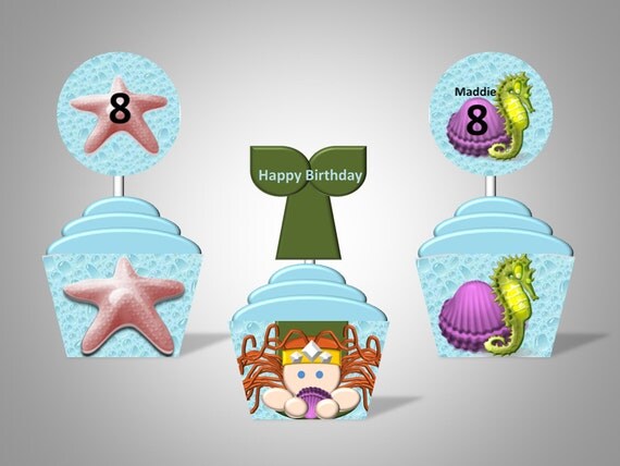 Mermaid Under the Sea Cupcake Wrappers & Toppers - Personalized With Name and Age - DIY Printable Party Decorations Il_570xn