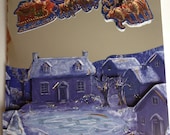 christmas card, village scene, santa and sleigh, snowy scene