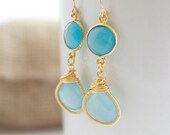 Blue Chalcedony Dangle Earrings, Bezel Set Earrings, Blue and Gold Earrings