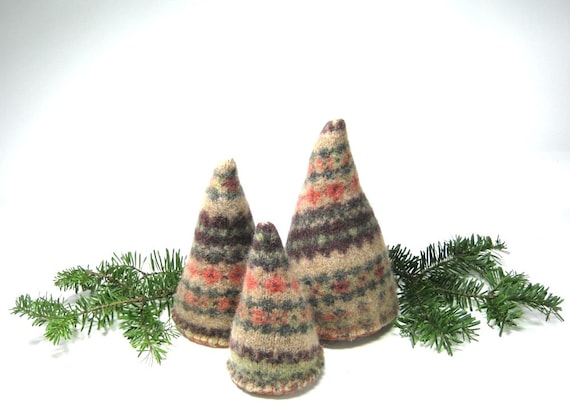 Rustic wool Christmas trees Upcycled fair isle sweater Brown orange green nature Set of 3 Eco friendly holiday decor