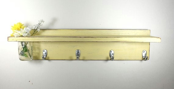 Wood shelf 4 key hooks with floral wall vase, coat hooks, wood, sconce, home decor, shabby chic, country style, painted Earthly Yellow