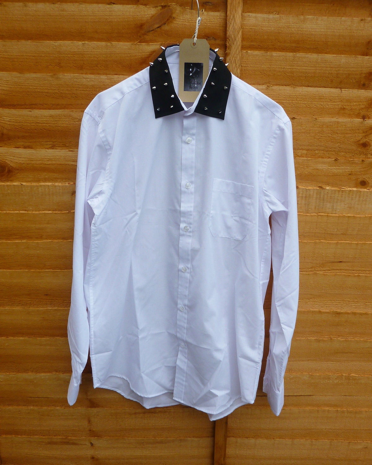 Black Spike Studded Collar White Boyfriend Shirt Oversized Blouse Vintage