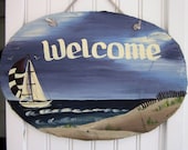Hand painted Personalized Sailboat Beach Nautical Slate Welcome Sign