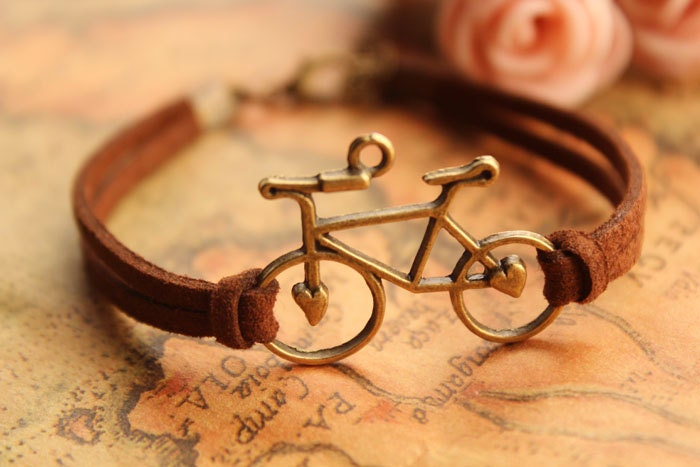 bike bracelet,retro bronze love bike alloy bracelet,brown wax rope chain bracelet---B163