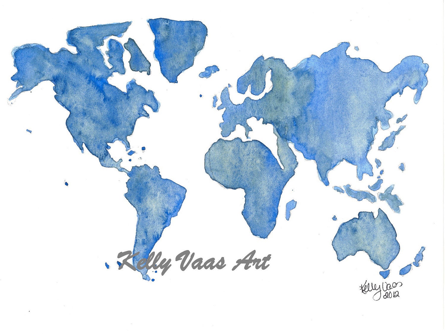 Blue Green World Map, 11x14" Print