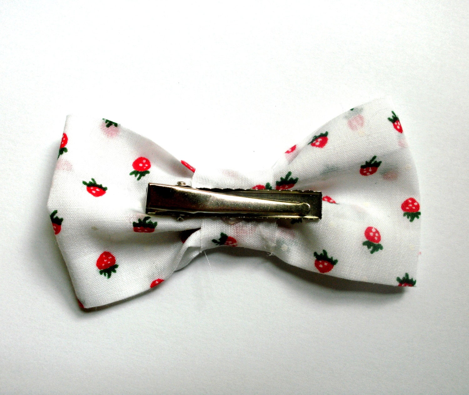 Strawberry Print Bow Hair Clip Slide White and Red Fabric