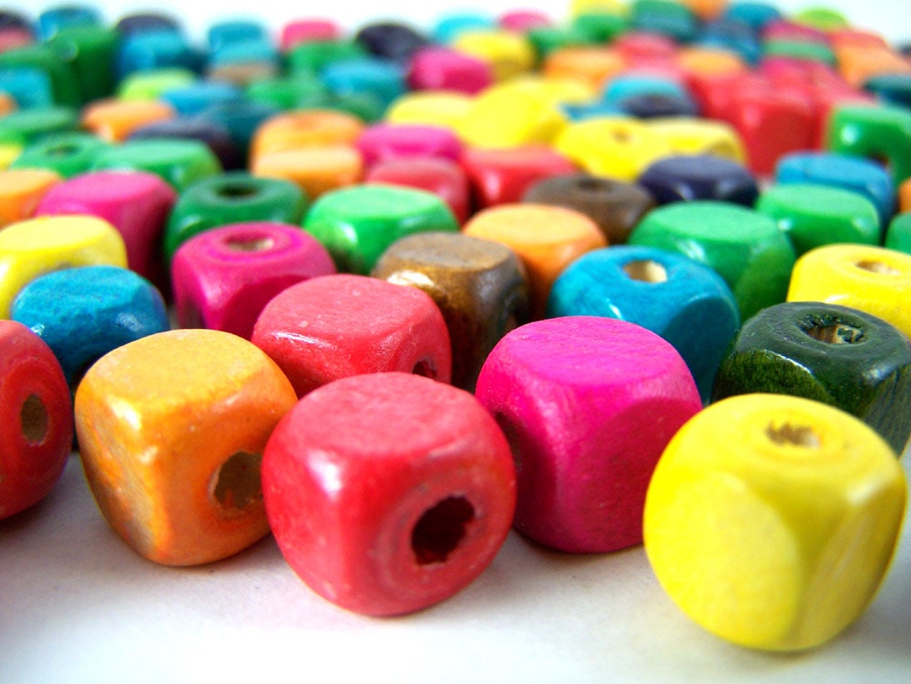 100 Colorful Square Wooden Beads - multiple colors square shape