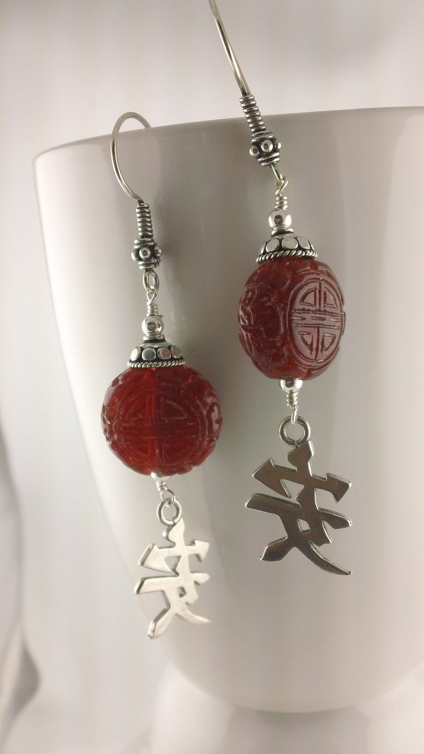 Chinese Symbols for "Double Happiness" carved in Red Glass and Kanji for "Tranquility" Earrings