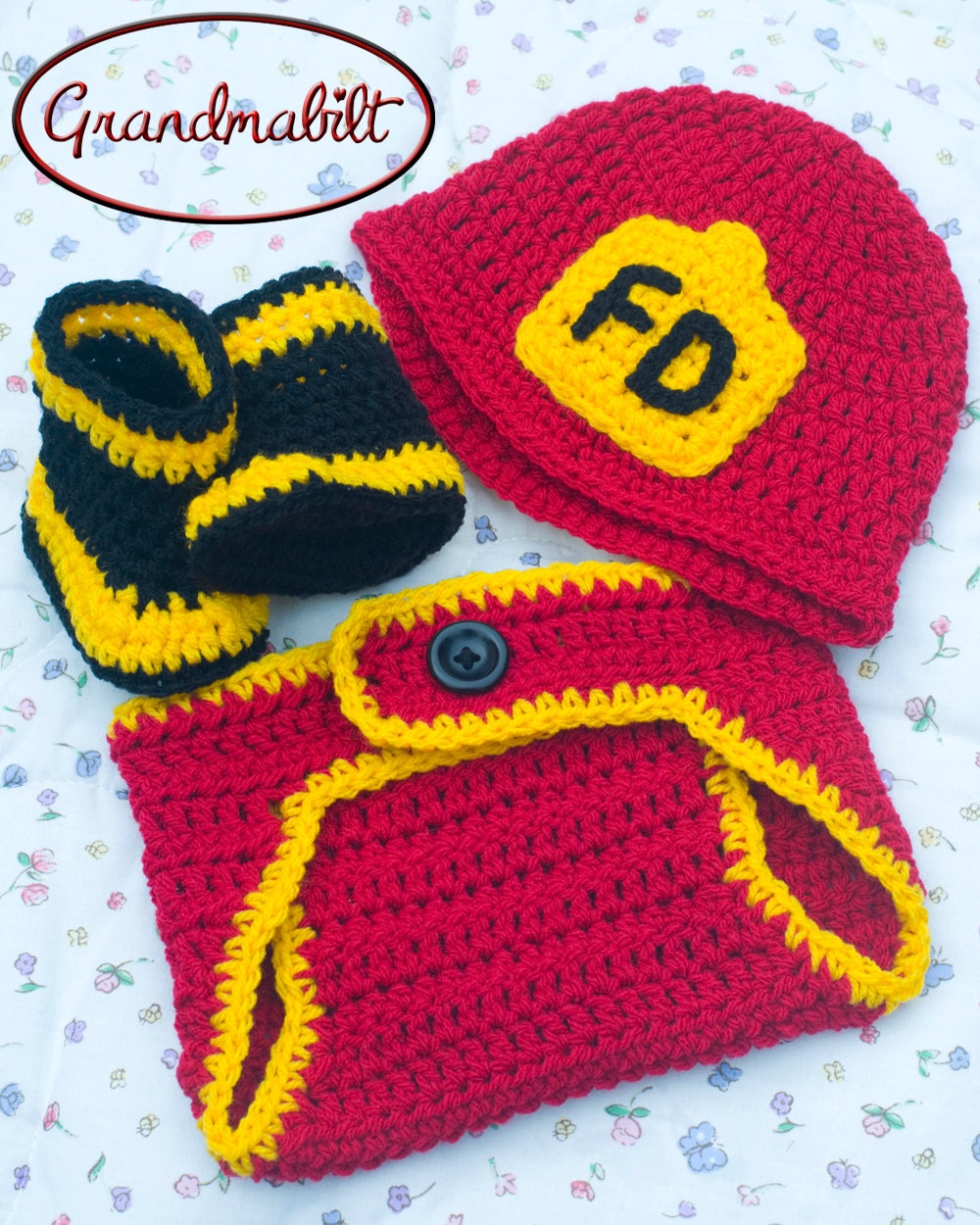 Baby CROCHETED FIREMAN Hat, Diaper Cover & Boots 4 pc Set Red, Black and Gold FD Shield