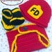 Baby CROCHETED FIREMAN Hat, Diaper Cover & Boots 4 pc Set Red, Black and Gold FD Shield