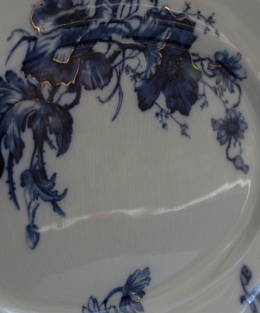 Beautiful Antique W.H. Grindley Flow Blue Platter in the Poppy Pattern with Gold Accents.