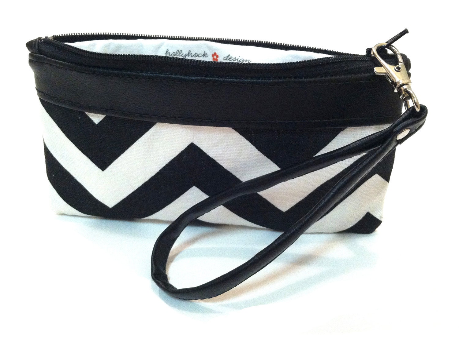 Chevron Wristlet with Faux/Vegan Leather Trim - Black & White