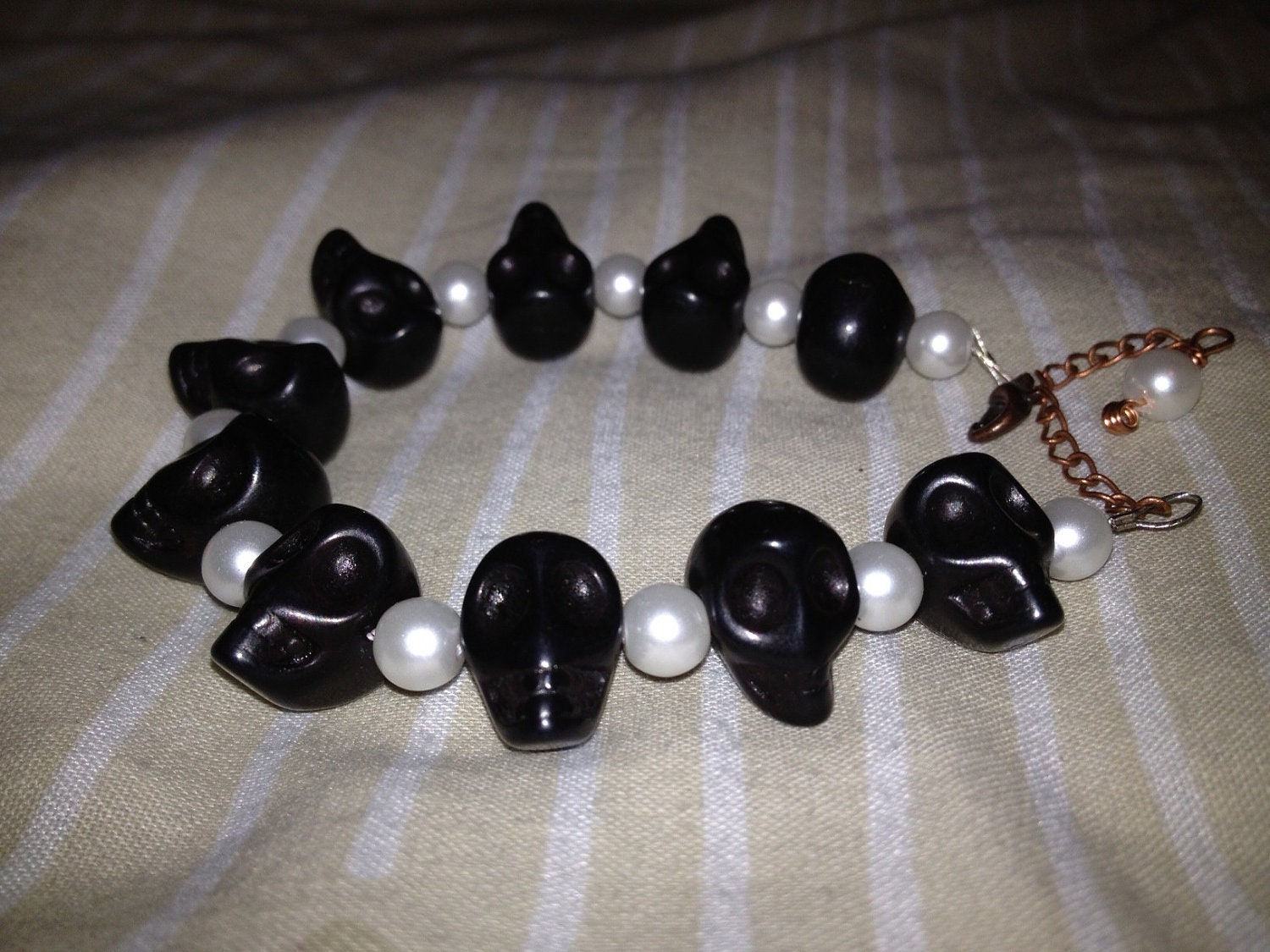 Black Turquoise Skull Bracelet with White pearls and Copper Clasp- friendship bracelet, skull bracelet