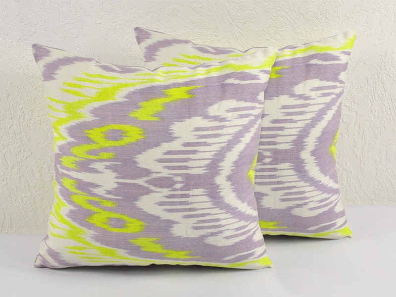 Set of 2 LILAC CHARTREUSE PILLOWS 16x16 Decorative Ikat Throw Pillows A404-1ab1