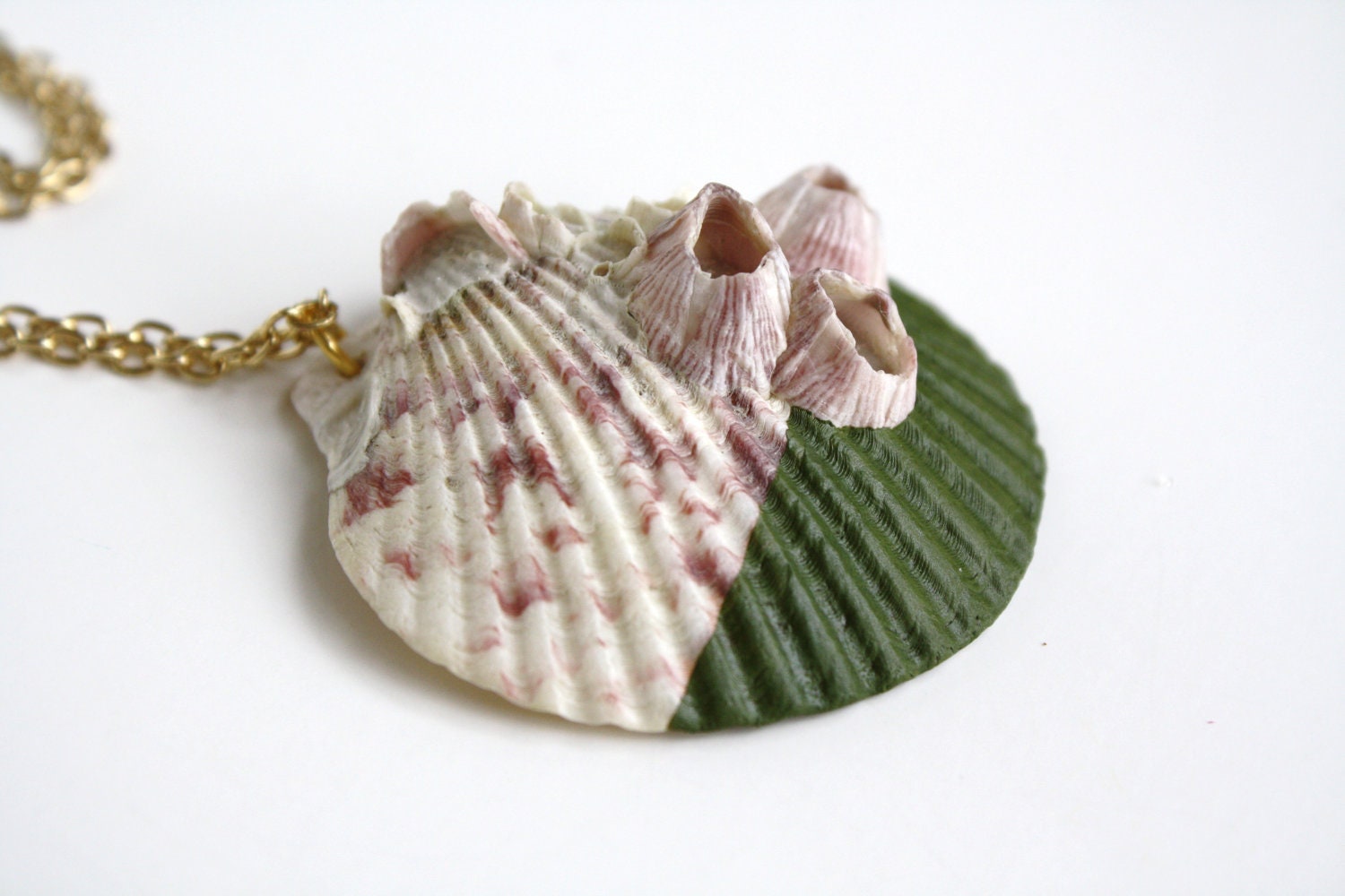 Sea Shell Necklace Pendant Necklace - Woodland Forest Green, Olive Green
