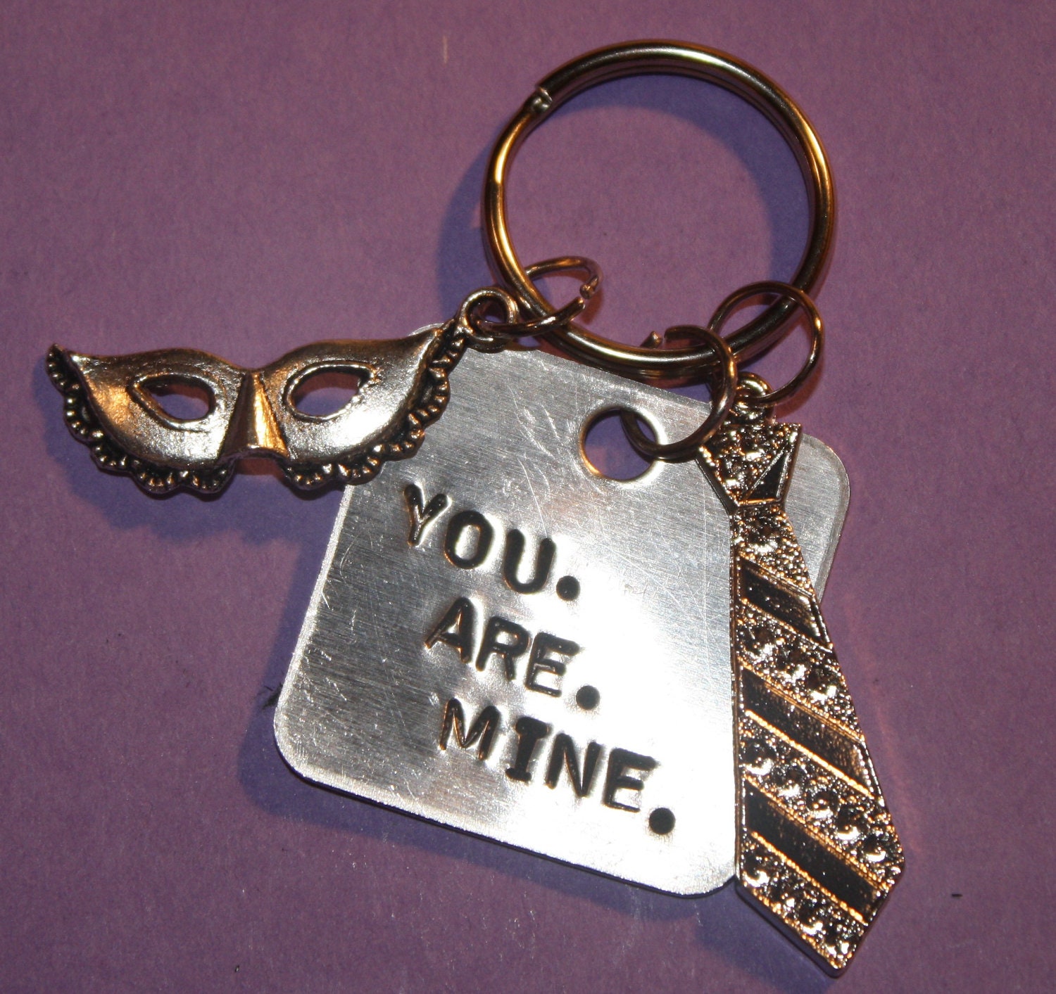 50 shades of grey inspired keyring, keychain, hand stamped you are mine with charms, tie and mask
