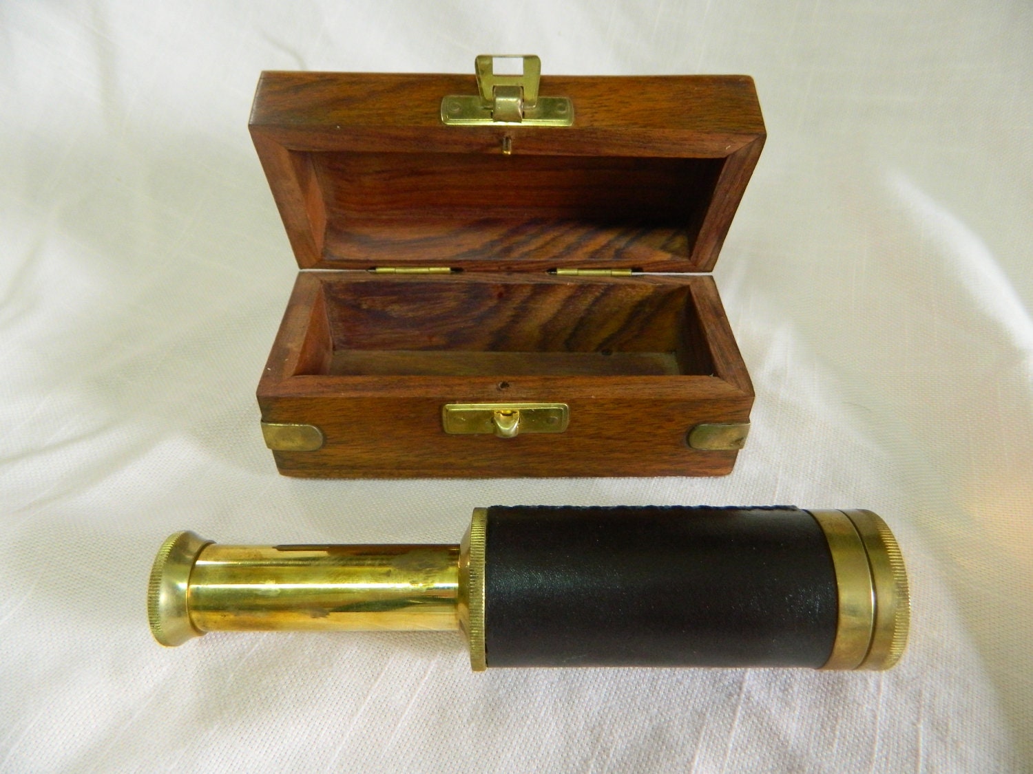 BRASS SPYGLASS TELESCOPE  With Wooden Box Leather Sided Nautical Maritime Vintage Pirate Halloween Prop