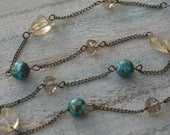 Citrine Nugget Aqua Mosaic Stone Necklace with Amber Crystal Rondelles and Antique Gold Chain