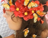 Woodland Flower Fairy Red and Orange Hydrangea and Monarch Butterfly Hair Crown, Hair Wreath, Headband