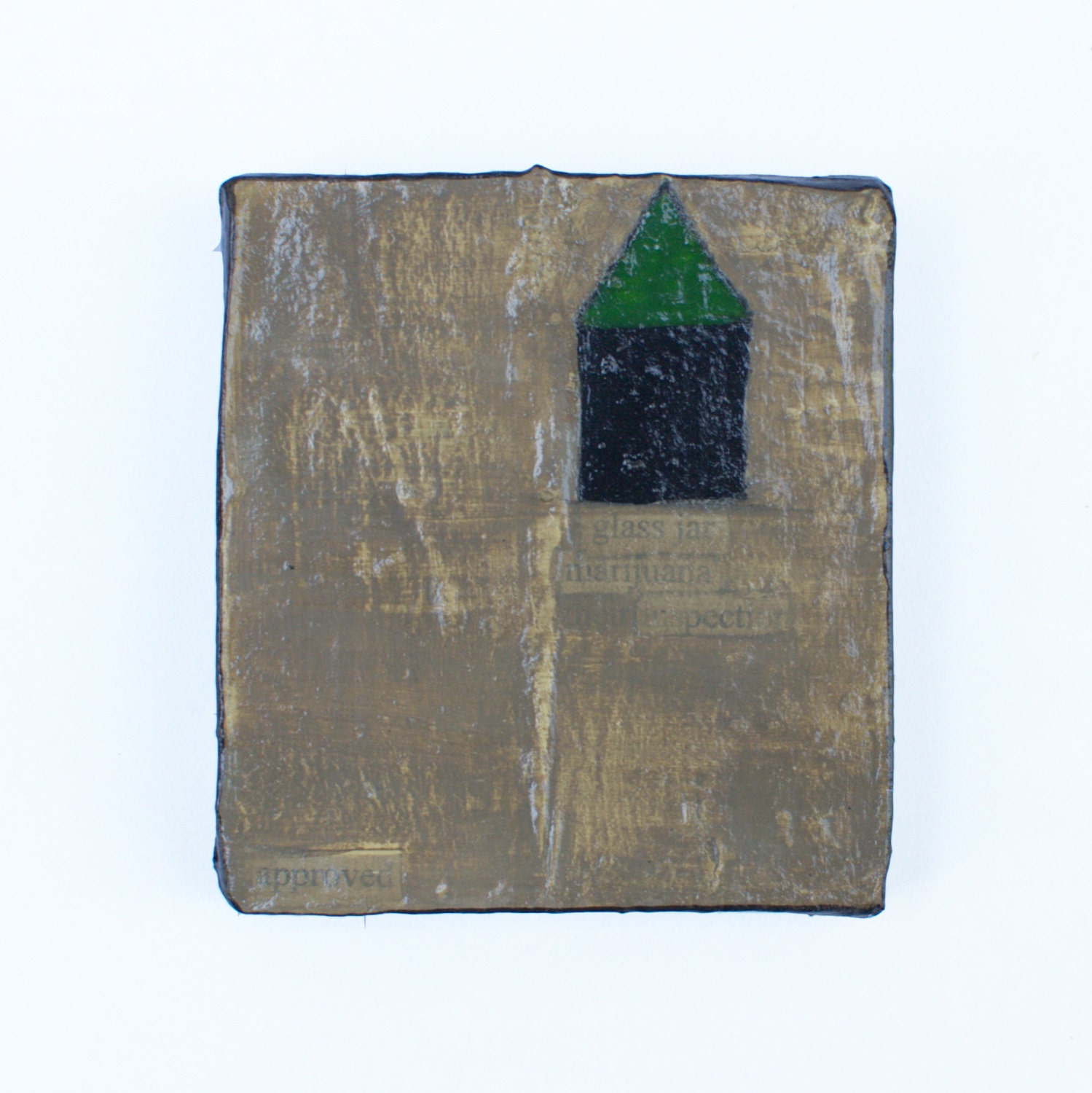 small landscape art - mixed media ORIGINAL art - naive painting - green house  -  House series - Titled: approved
