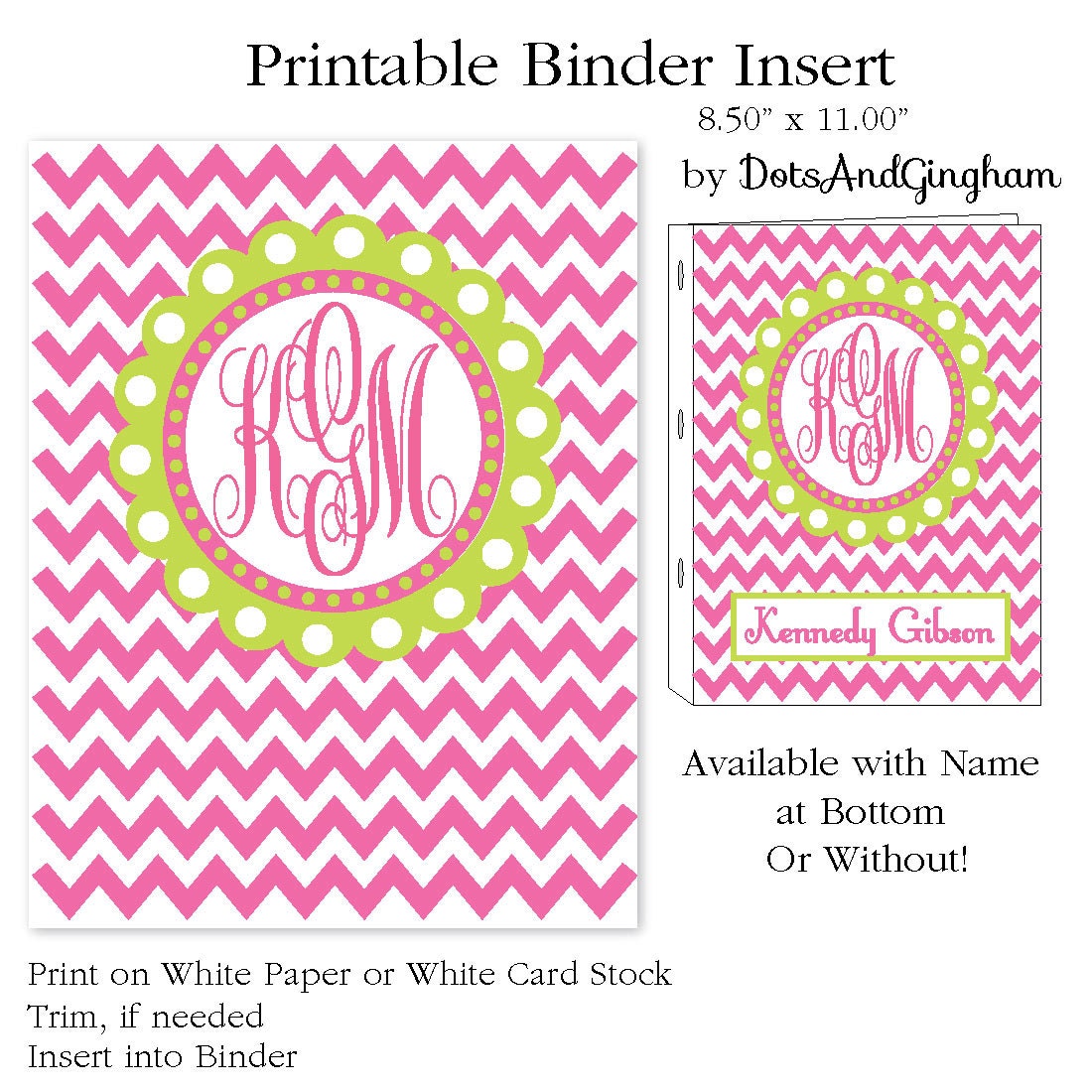 Printable Binder Insert Chevron and Monogram- Binder Insert - Chevron-Pink and Green- by DotsAndGingham