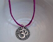 Sale Necklace with OM OHM silver plated pendant, metal mandala disc  on 22" fuschia pink hand dyed silk cord