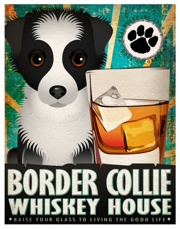 Border Collie Drinking Dogs Original Art Poster Print - Personalized Dog Wall Art -11x14- Customize with Your Dog's Name - Dogs Incorporated