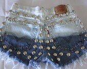 High waist destroyed studded denim Ombre super frayed shorts size Sm/Med/Lg.