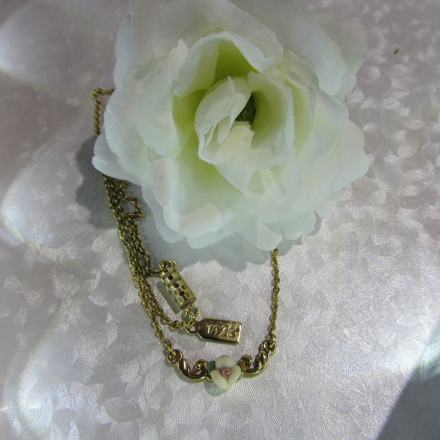 1928 Vintage Jewelry Necklace Porcelain Rose on Gold Tone Necklace