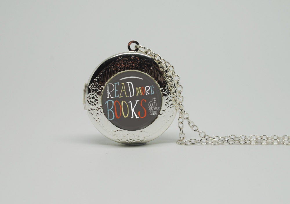 Silver Glass Locket Necklace with Inspired Read More Books