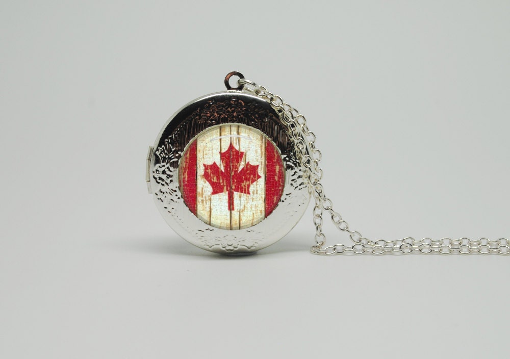 Silver Glass Locket Necklace with Inspired Canadian Flag