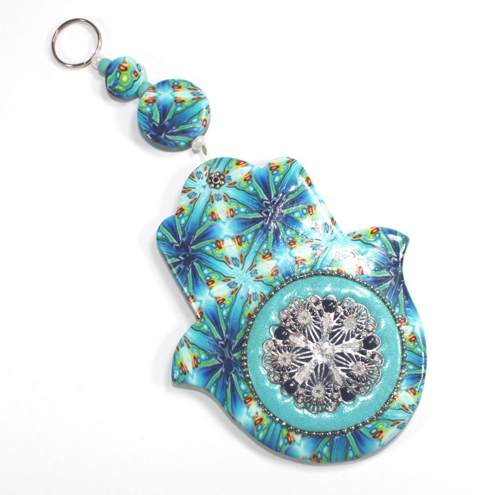 Wall decor Hamsa, Polymer clay Hamsa, Good fortune Hamsa in blue, white, turquoise, green together with small red and yellow dots