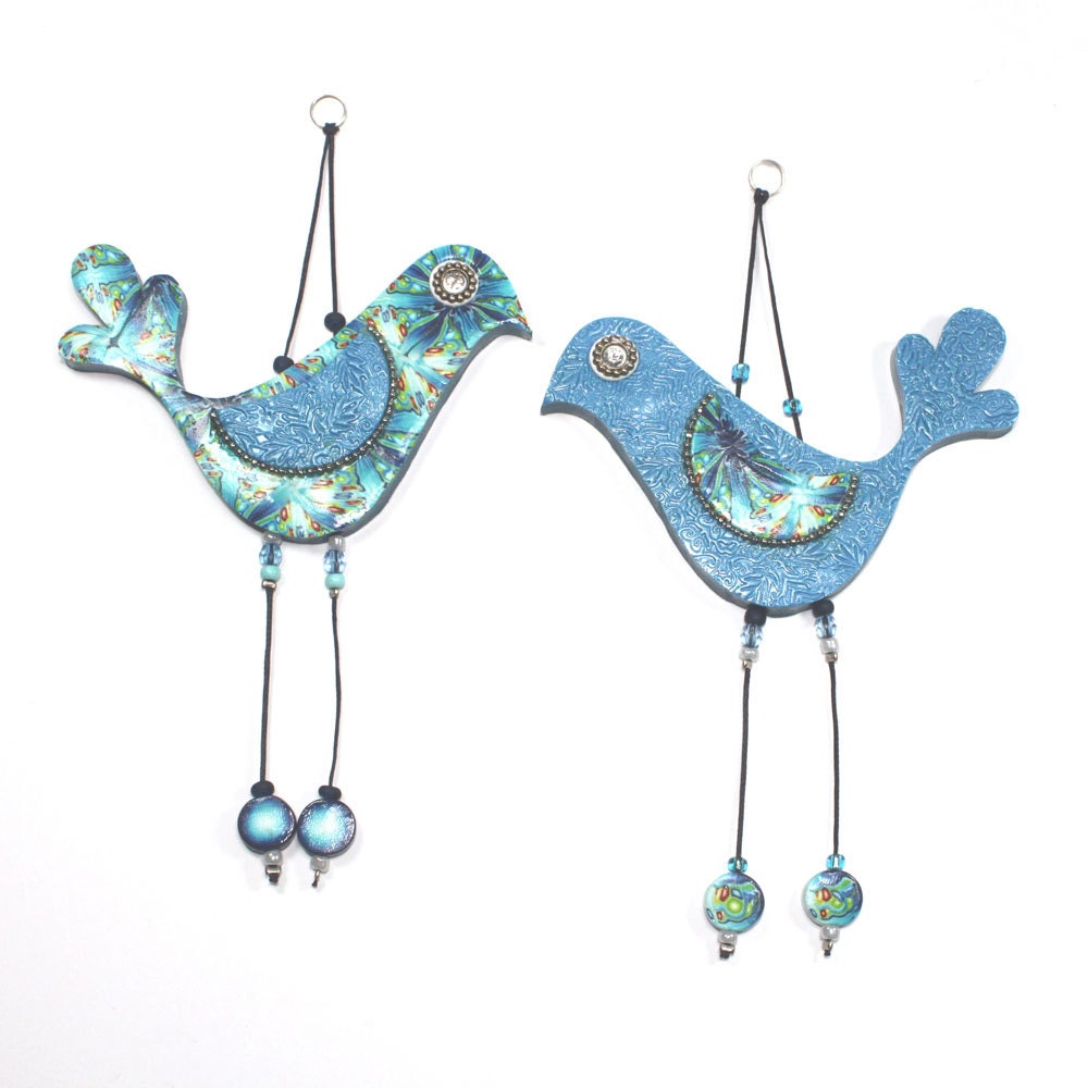 Handmade love birds, Wall decor love birds, Polymer clay birds, Birds couple with Blue, Turquoise, Green and White, A pair - ShuliDesigns