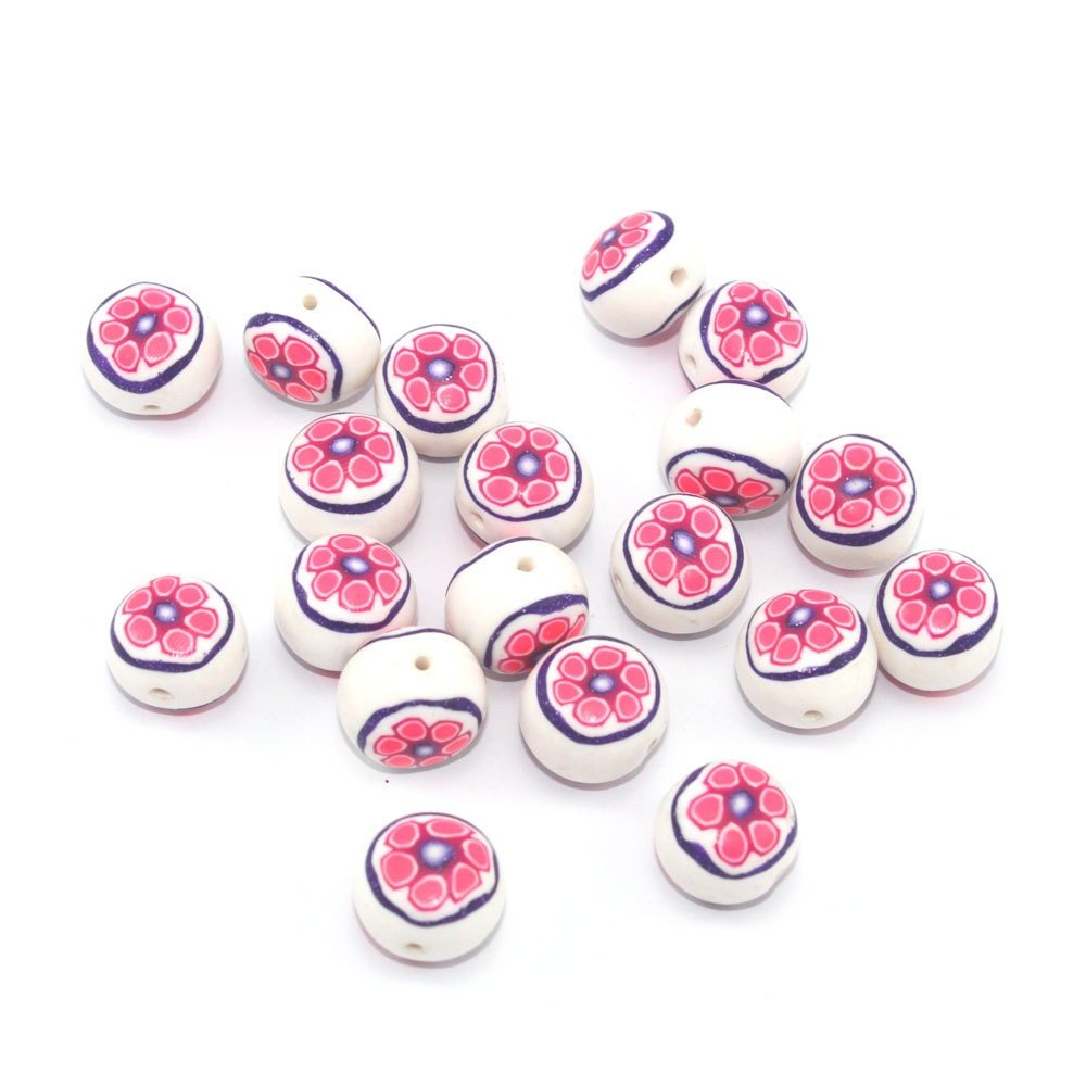 CLEARANCE SALE, polymer Clay round compressed beads, unique beads in a variety of pink and purple flower pattern, Set of 19