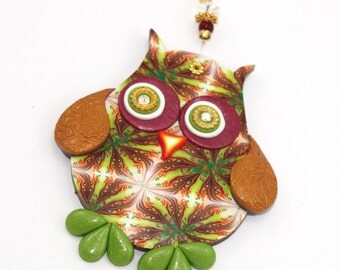 Wall decor owl, polymer clay elegant owl, a single owl in maroon, green, orange, gold and red, nursery owl decor