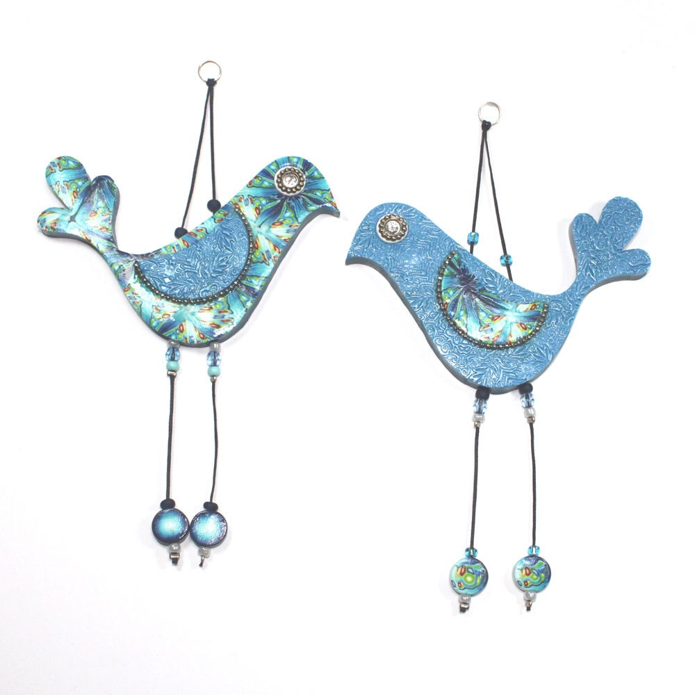 Handmade love birds, Wall decor love birds, Polymer clay birds, Birds couple with Blue, Turquoise, Green and White, A pair