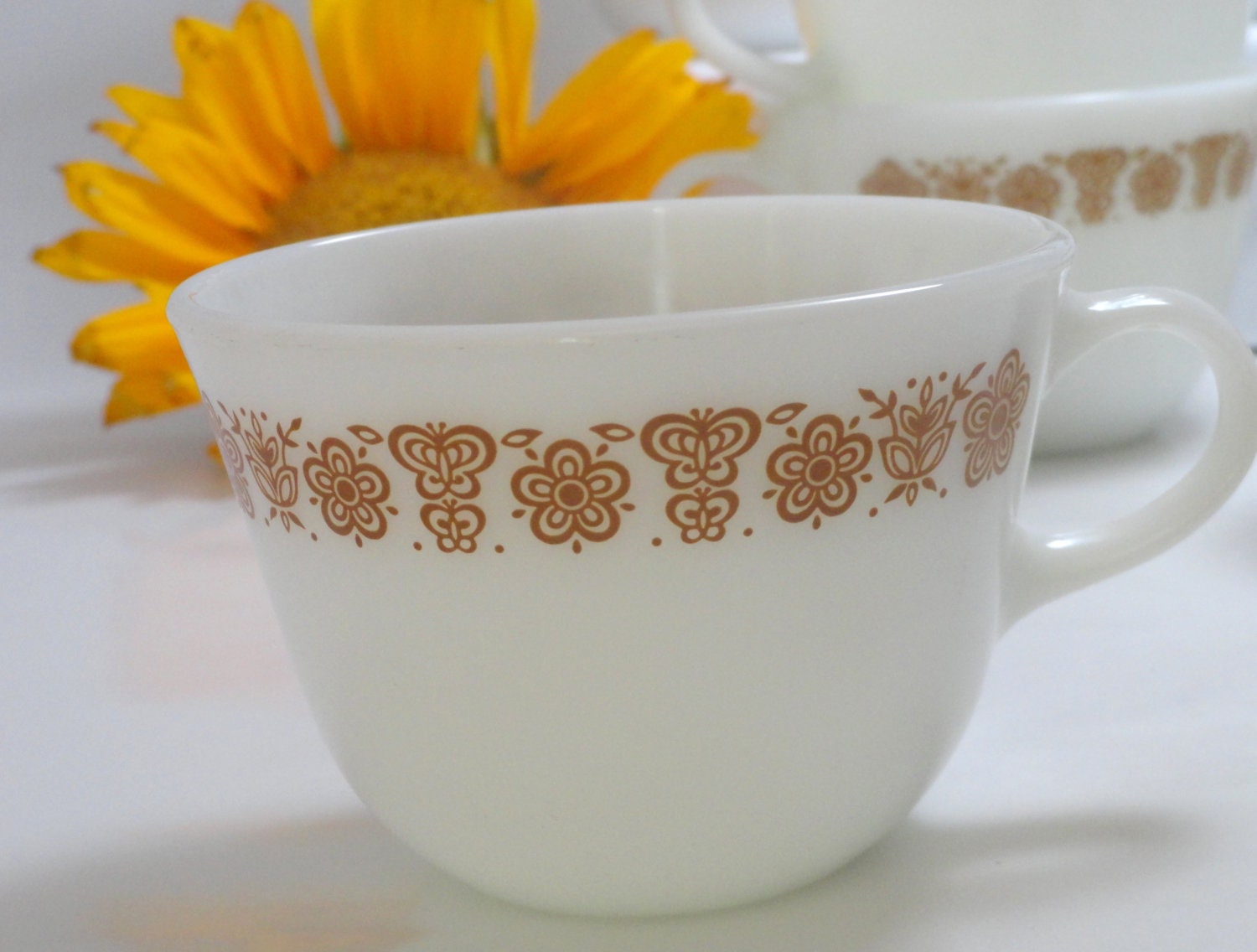 12 Tea cups COFFEE MUGS - Vintage set of 70's harvest gold tea cups -white Pyrex glass with Mod mustard Great for that 1970 home