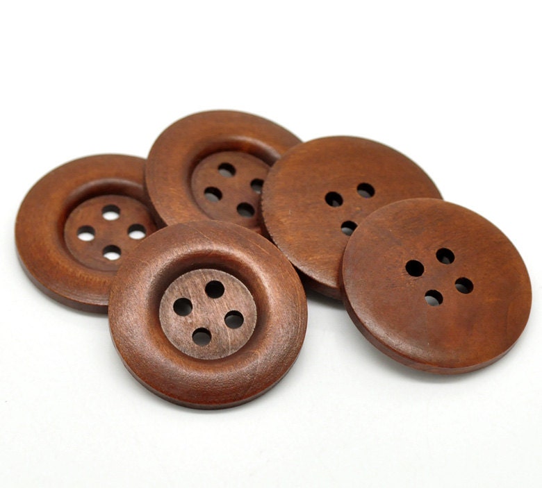 6 Round Extra Large Wood Button (Design 2) Four Hole Reddish Brown Colour 40 mm (1-5/8") Coat Button Sweater Button  - 6 Pack