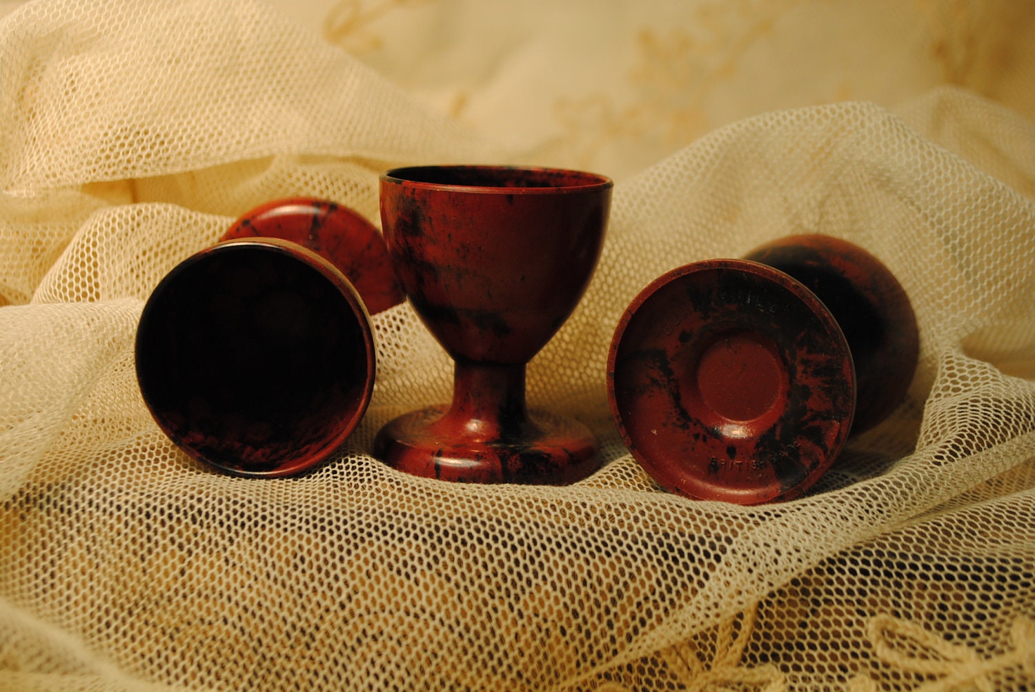 TRIO Art Deco  antique bakelite egg cups marked SUNNY SMILE and British Made made in england perfect for breakfast a soft boiled egg