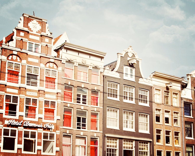 Amsterdam Art Photography Print 8x10 - Architecture, Europe, Vacation, Travel, Windows - Sky, Clouds, Blue, Vintage Effect - Romantic, Fall