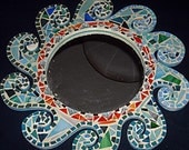 Handmade MOSAIC Sun Shaped Mirror. 18'' in Diameter, vitreous, glass tiles, blues, oranges